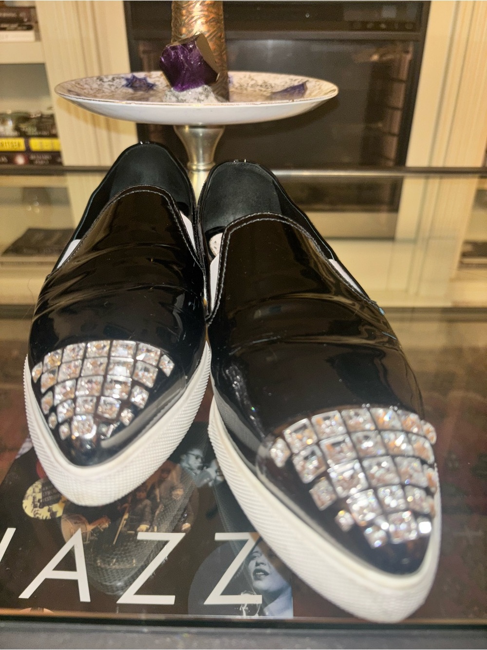 ✨ MIU MIU Black Patent Leather Crystal Cap-Toe Slip-On Sneakers 39.5 / US 9.5 ✨